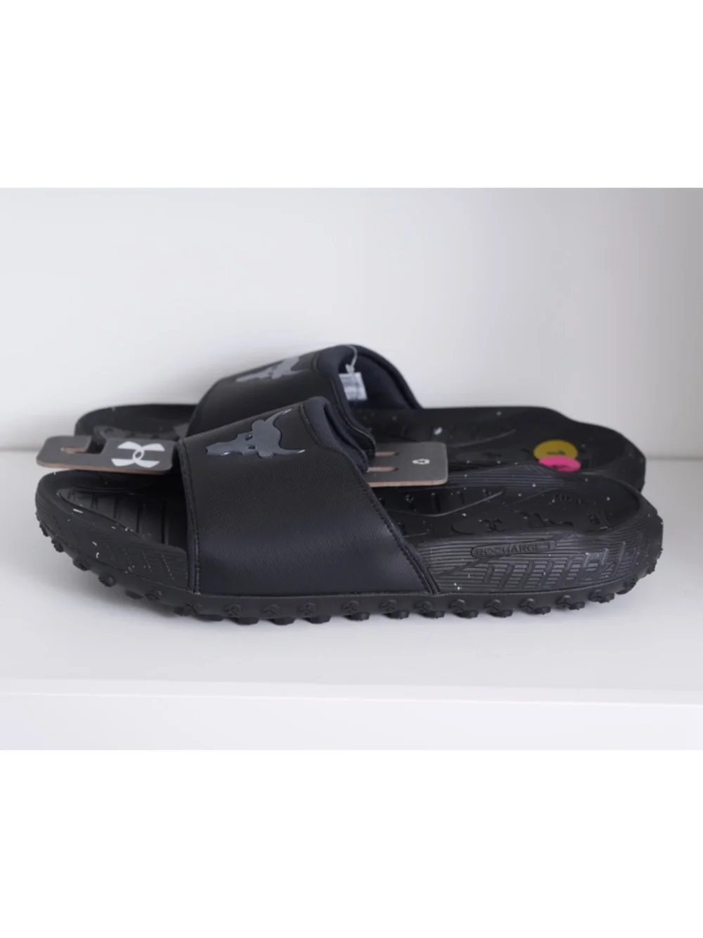 $70 Under Armour Project Rock UA U Rock 3 SL Black Slides Sandals Men's US 14